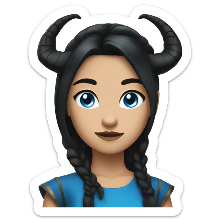 a girl with black dragon horns,she has black hair with blue accents, she has blue eyes, she has golden earrings. sticker