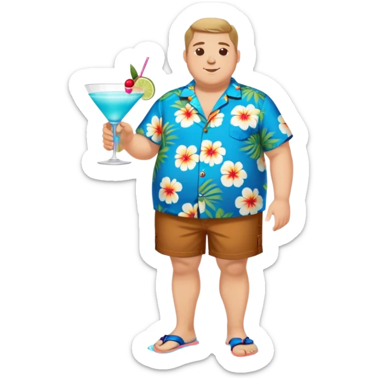 chubby guy full figure in a flowered azure havai shirt, brown shorts and flippers holding a cocktail sticker