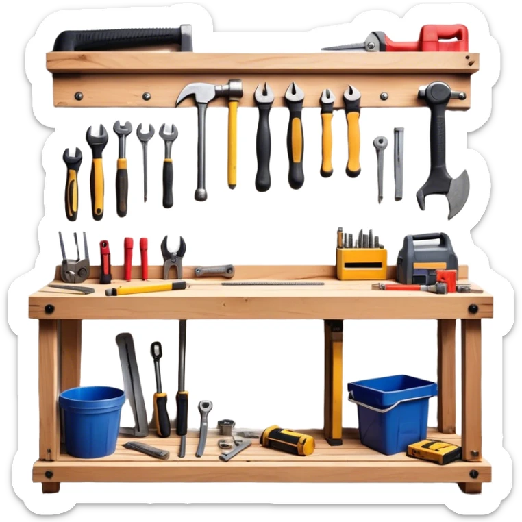 a collection of building supplies, including wooden planks, bricks, metal pipes, nails, screws, a hammer, a saw, and a measuring tape. neatly arranged on a sturdy workbench with a rugged, industrial vibe. sticker