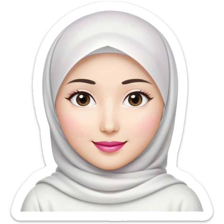 Asian white woman hijab, her hijab color are white, her face is small oval, her lips are pink, her eyes are shining, her face looks happy showing her teeth, her eyes are also smiling, her outfit color are white sticker
