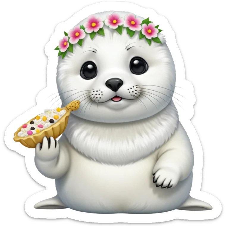 Training a harp seal wearing flower hair pin with food at beach with  sticker