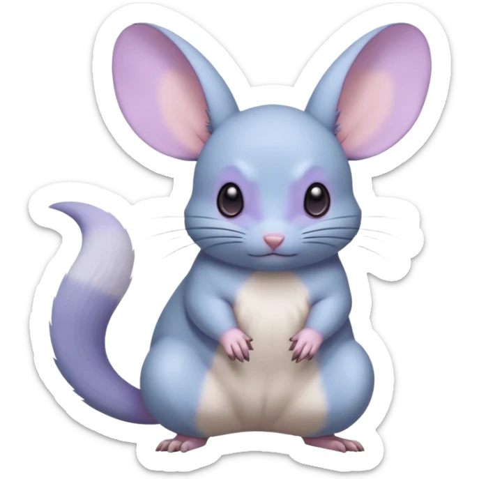 Light-pastel-blue rodent-chinchilla-Minccino-Pokémon-Fakémon-fusion-hybrid-Pokémon-animal-creature, full body with purple-violet-pinkish round cheek markings  sticker