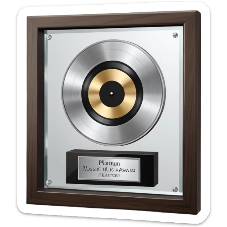 A platinum music award plaque: a square, polished platinum plate with a subtly textured, mirror-like finish, mounted on a simple dark wood base. The center features a relief of a or stylized vinyl record in a slightly darker metallic tone.  sticker