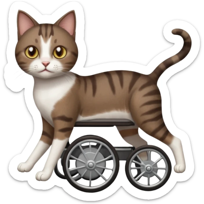full body small short hair dark brown and white cat with hazel eyes walking in a wheelchair for cats sticker