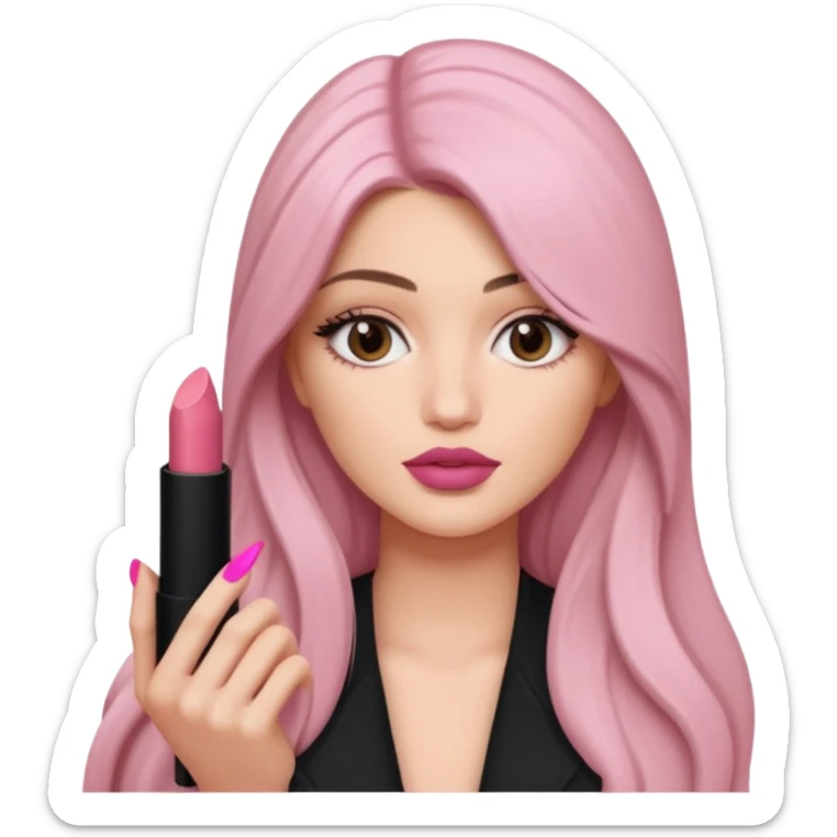Con el cabello más largo y ojos fajes claro sosteniendo un labial de kylie jenner sticker