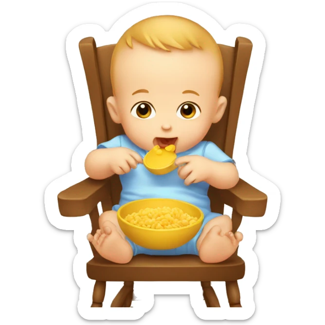 A baby eat his first food in the chair for kids  sticker