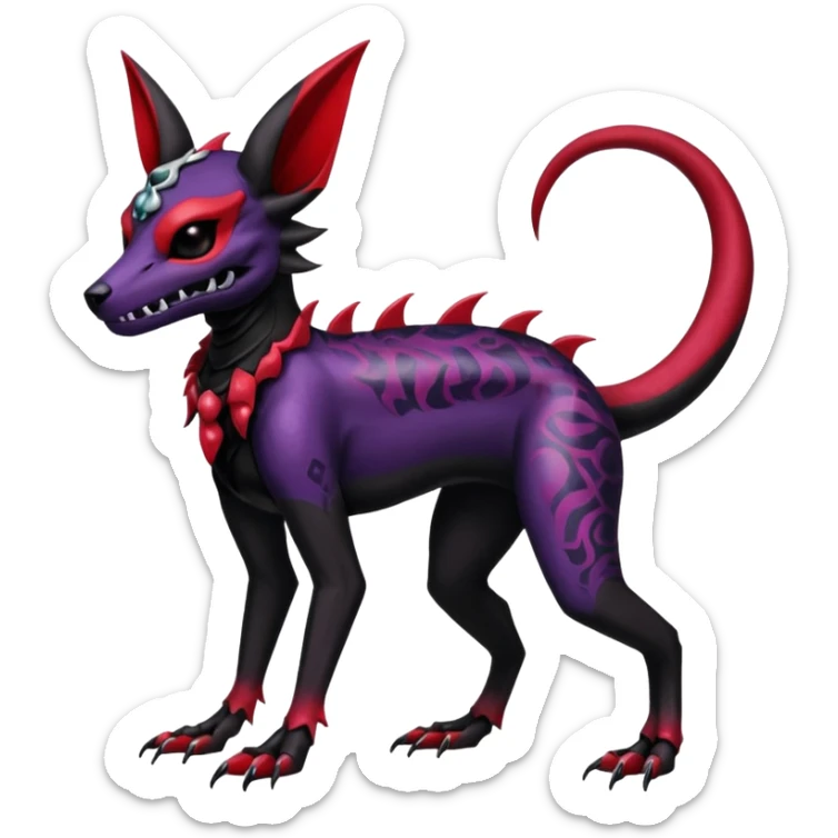 Gothic Black red purple Scaley Exotic Salandit-Umbreon-Noibat-Houndoom-Fakémon-hybrid-creature (full body), 4 legs, skull face mask sticker