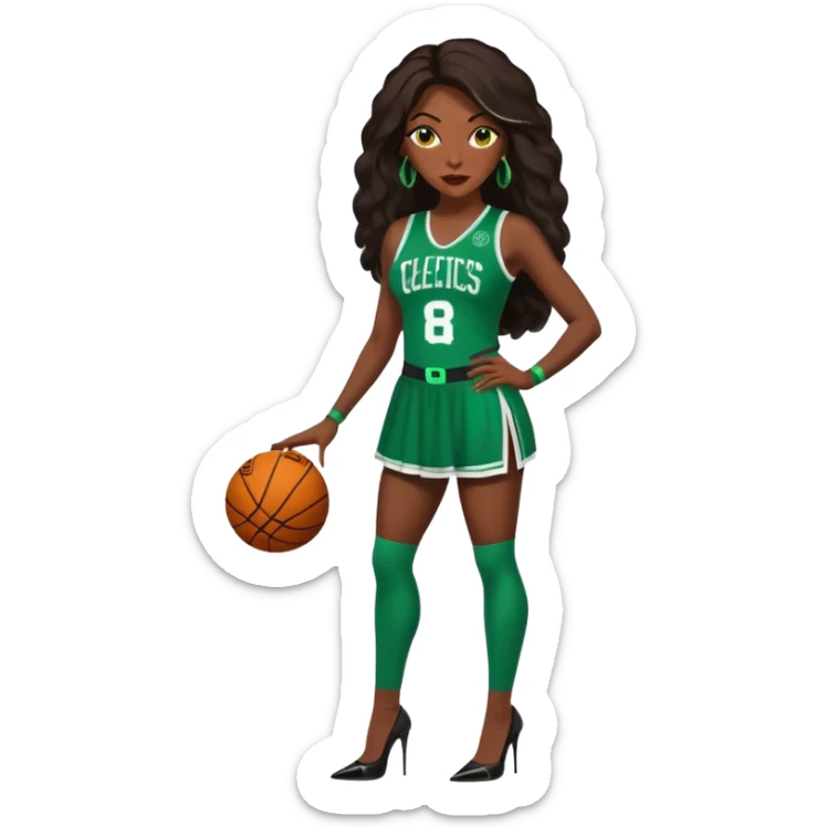 A 47-year-old dark black woman with brown eyes, long dark brown baylaige hair dressed in sexy 
celtics jersey costume outfit and stilettos  sticker