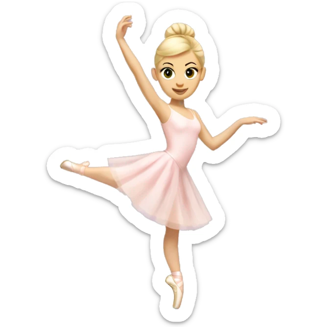 A blonde ballerina with her hair in a low bun, in a pale pink leotard and skirt on pointe shoes dress sticker