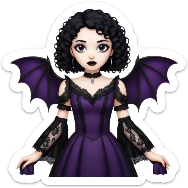 A girl with a goth vampire look in a goth lace batwings shaped sleeves dress black curly hair  sticker