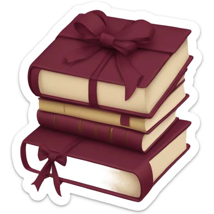 burgundy books stacked up and tied together by a burgundy bow sticker
