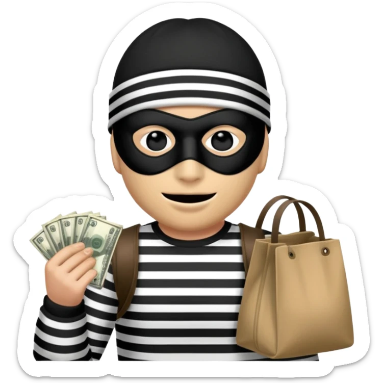 A robber wearing a black beanie, black and white striped shirt, a Zorro mask over his eyes and holding a bag of money  sticker