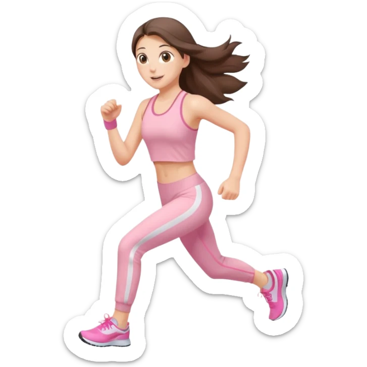 white happy brunette teen long hair with hazel eyes in light pink workout clothes jogging through fiish line sticker