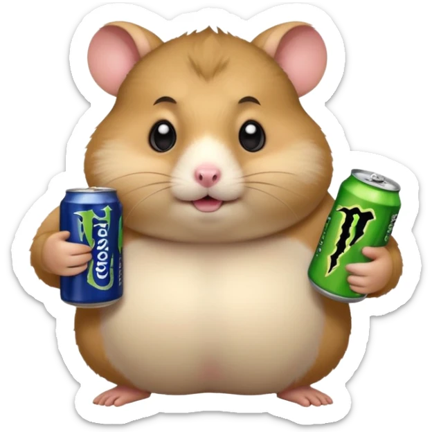 Funny cartoon-style fat hamster with big wide eyes  holding a can of monster energy in one hand and redbull in the other hand sticker