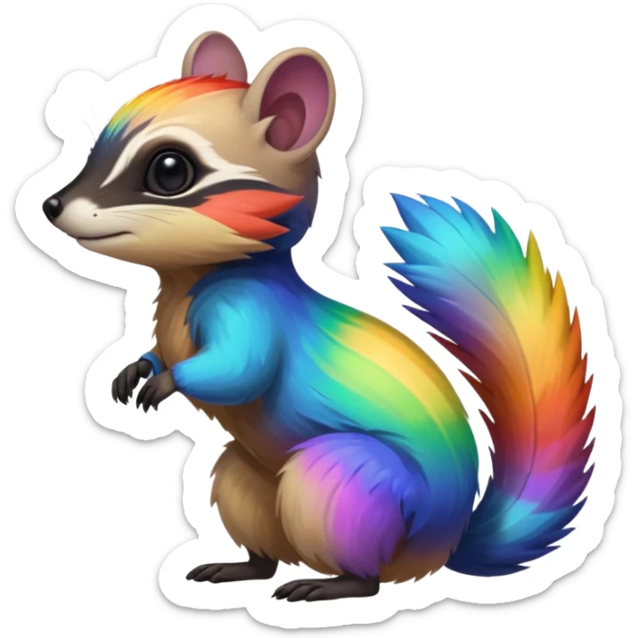 Colorful black and rainbow-iridescent Cacomistle-Numbat-Ferret-hybrid-fusion-animal-creature, full body  sticker