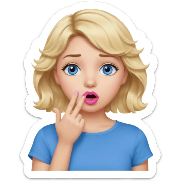 Girl Blonde short wavy hair,  blue eyes, cute blue top, long lashes, pink lips, shocked, hand over the mouth sticker
