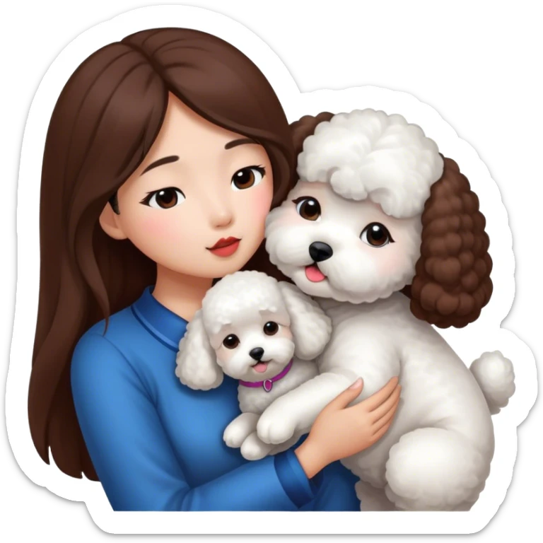 Asian girl with long brown hair kissing a bichon sticker