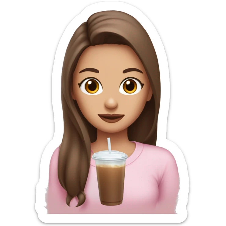girl drinking an iced coffee with long brown hair half up half down and baby pink long sleeved top  sticker