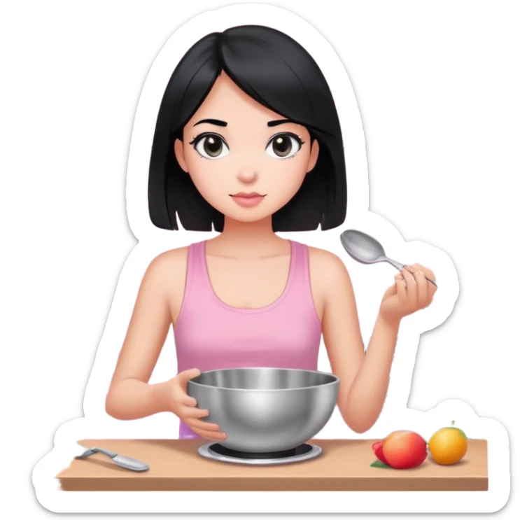 girl with black hair and black eyes white tone skin wearing pink pastel tanktop, and holding a silver bowl cooking or mixing something sticker