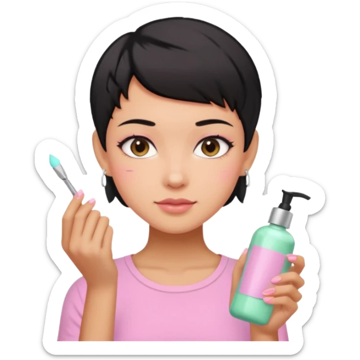 tan girl pink shirt with black hair & a pixie cut no earrings doing cute pastel colors skin care sticker