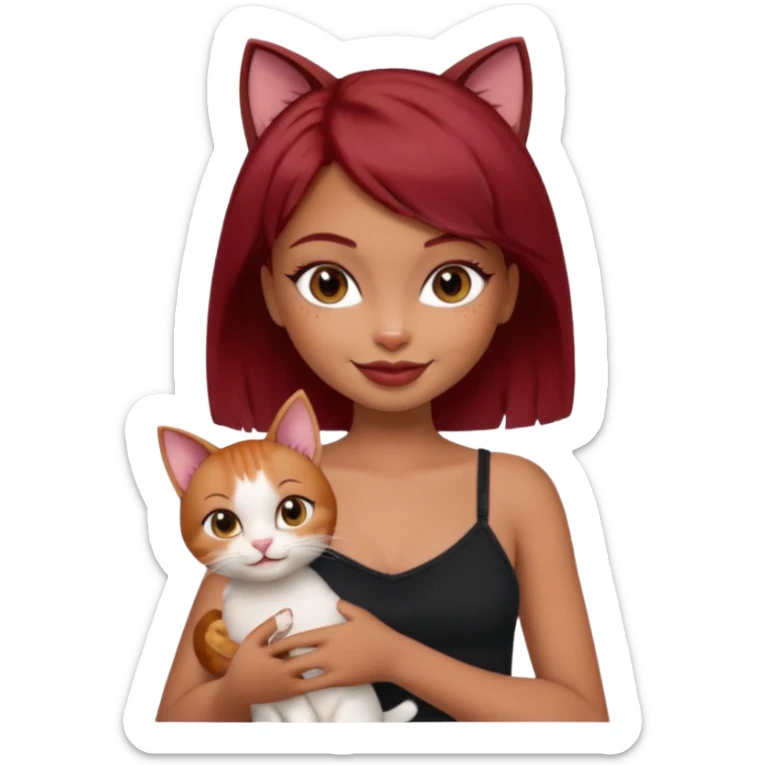 generate a pretty fair bratz girl with short dark red hair holding a cat smiling. Wearing a black cami sticker