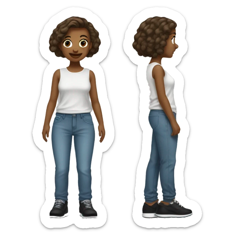 Girl with  brown medium short hair, and y2k shirt. Baggy pants and black shoes sticker