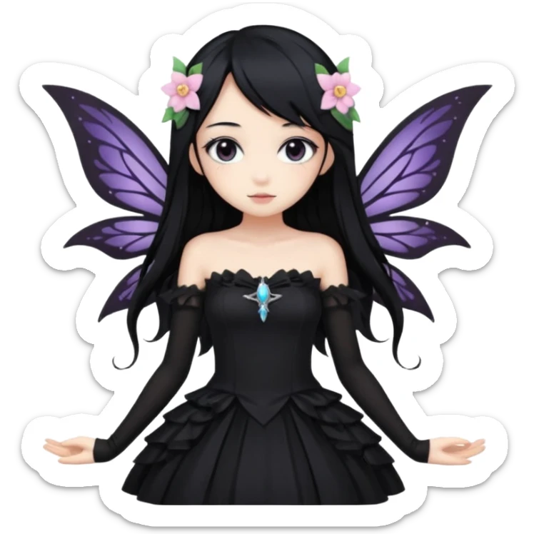 Gothic anime fairy with long beautiful black hair and black dress, pastelcore, sticker
