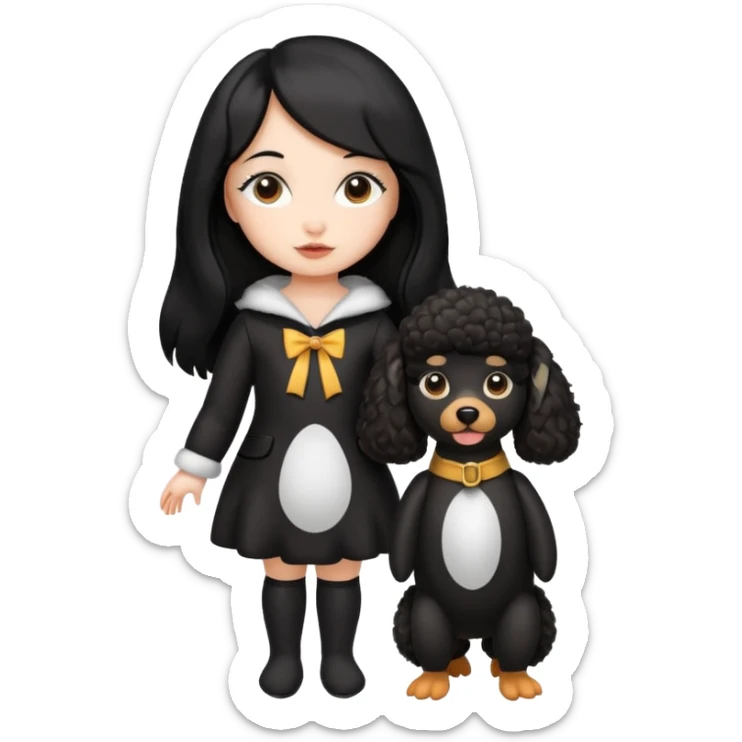 A girl who has long hair and looks like a penguin holds a brown poodle sticker