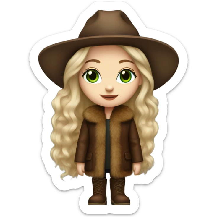 Realistic White girl with Long straight blonde hair, green eyes, tattoos, full body wearing Brown fur coat and fur hat and Brown leather boots sticker