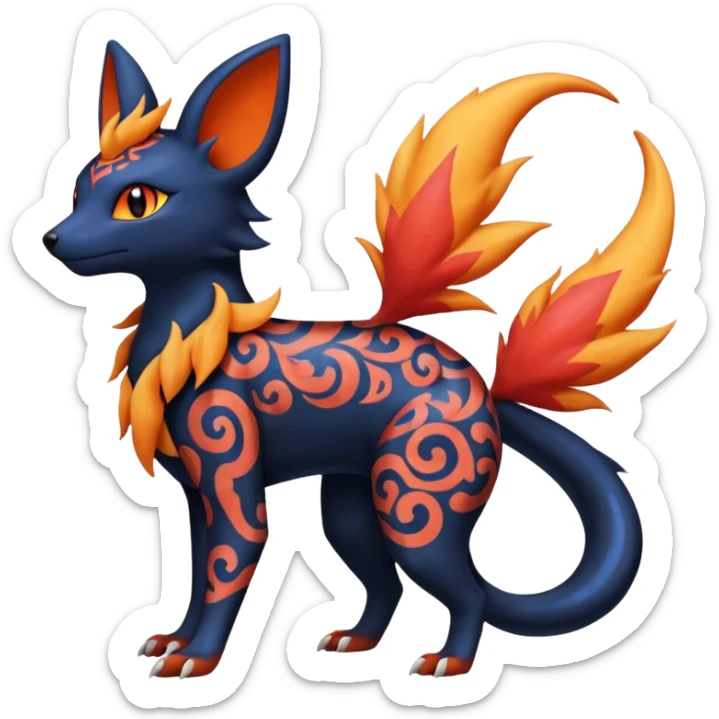
Canine-Litten-Amaura-Salandit-Noibat-Flareon-Fakémon-fusion (full body) with intricate patterns sticker