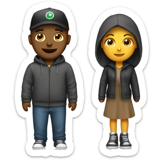 an couple, the guy wearing cap and hoodie. the girl wearing an dress sticker
