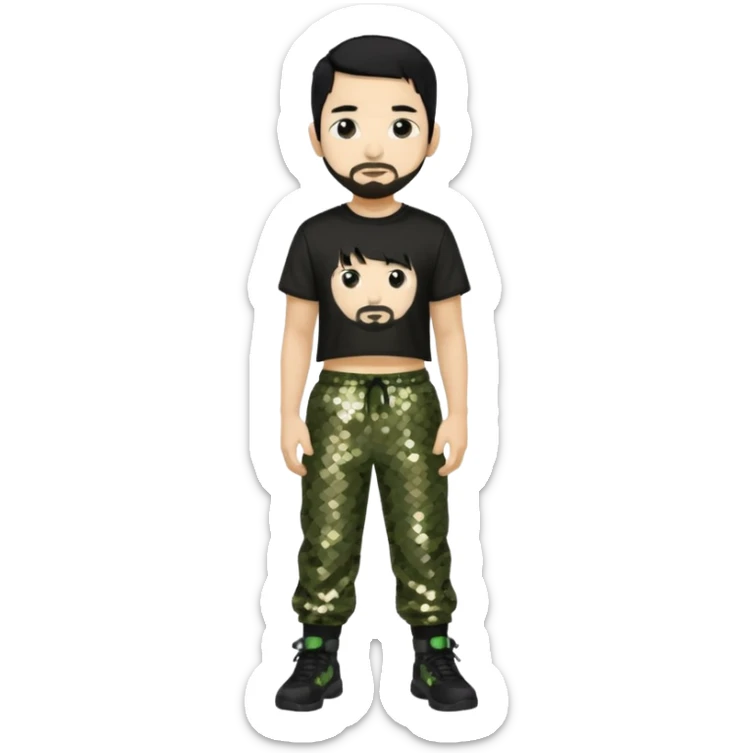 Mike Shinoda with black hair, black sequin crop top, olive sequin baggy pants sticker