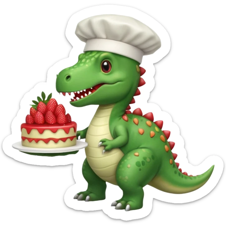 quiero un dinosaurio divertido para niños con delantal y gorro de chef y en la mano una tarta sticker