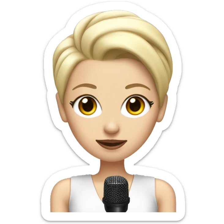 a white woman resembling lady gaga with a blonde slick back hairstyle holding a microphone sticker