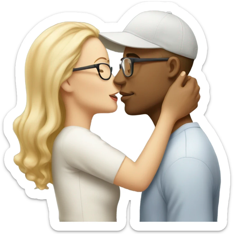 blonde woman with glasses and men with light skin and cap and no glasses kissing. both are white sticker