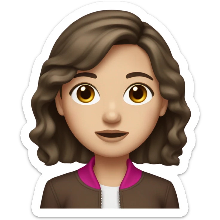 white girl with brown eyes, long dark brown hair, curtain bangs, and a magenta jacket sticker