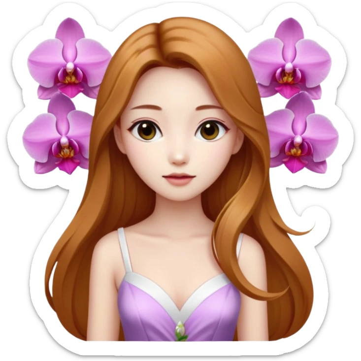 Asian girl with long golden brown hair white skin makeup natural with orchid white/pink only on her left ear, her dress is white  coquette  sticker