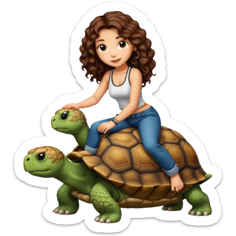 ccute woman long curly brown hair tattoos riding big tortoise sticker