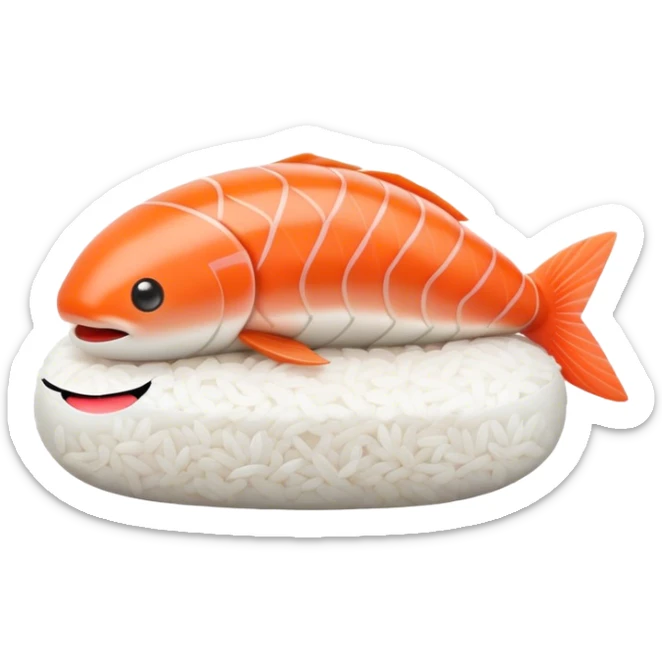 Cute Kawaii Nigiri Sushi, plump and happy, a soft white rice pillow topped with bright orange salmon, tiny blushing cheeks, big round eyes, a joyful floating expression! sticker