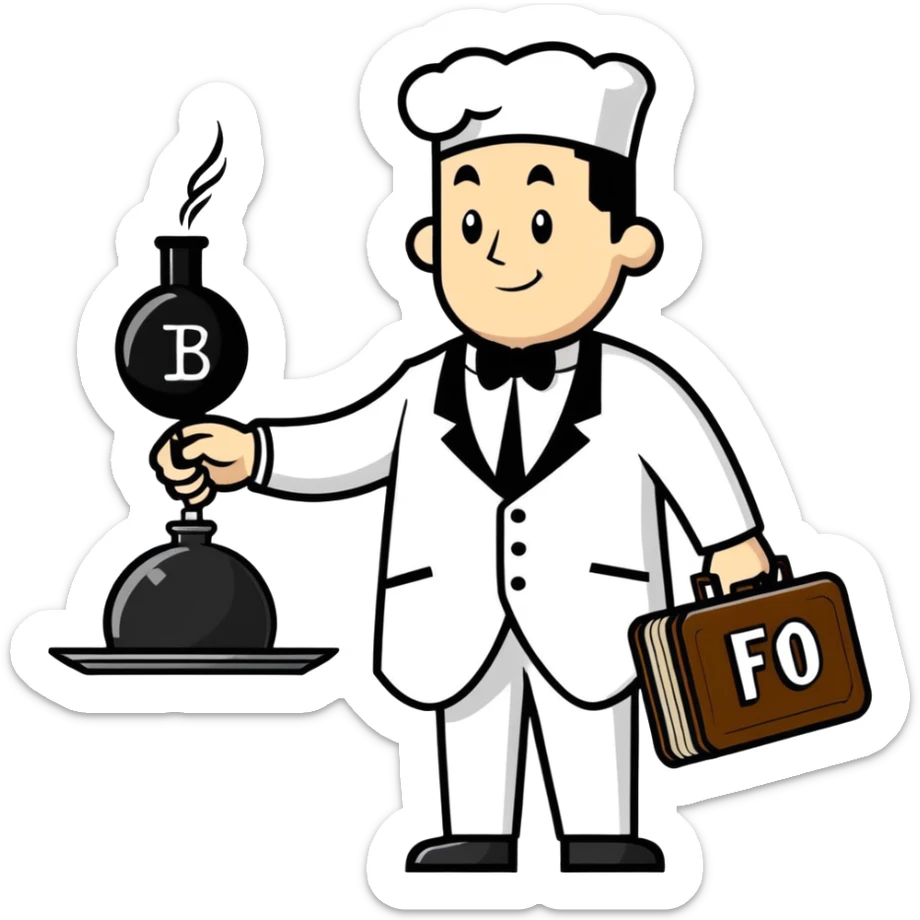 A butler holding a platter with an old-fashion bomb on it with the letters FO on the bomb sticker