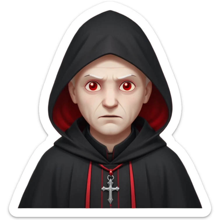 cursed village priest portrait, head and shoulders only, dark hooded robe, mysterious expression, subtle red accents, eerie glow, gothic village atmosphere, 3D cartoon, mobile game icon style, clean background, no text, no watermark

 sticker