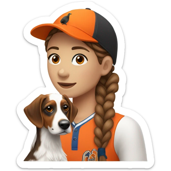 Brunette white human girl with braided pigtails in a bright orange baseball hat with a phesant on it with a tricolor English setter with a half black face sticker