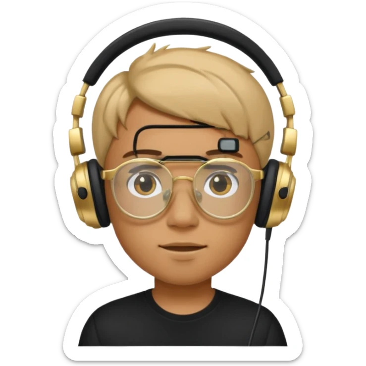 Un chico usando una camisa negra y audífonos, junto con sus lentes puestos de marco dorado. Diciendo GG arriba de su cabeza! sticker