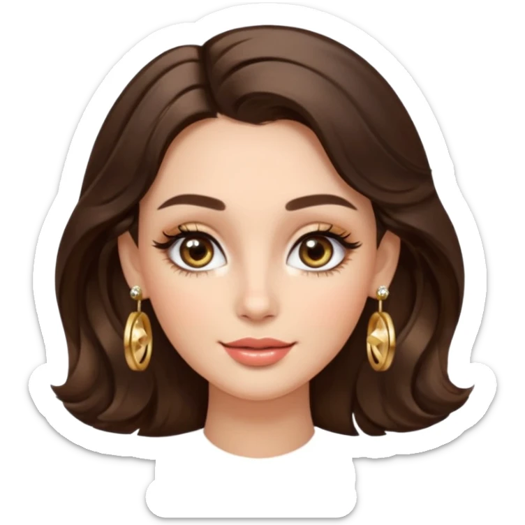 Luxury Milan girl Greta emoji: oval face, flawless skin, big light almond eyes with lashes/eyeliner, arched brows, flirty half-smile glossy lips, beauty mark, wavy warm brunette hair, gold hoop earrings, soft glow, champagne bg with sparkles, 3D sticker style, centered. sticker