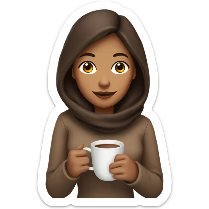 Woman with tan skin and brown hair drinking a cup of hot coco in the cold sticker