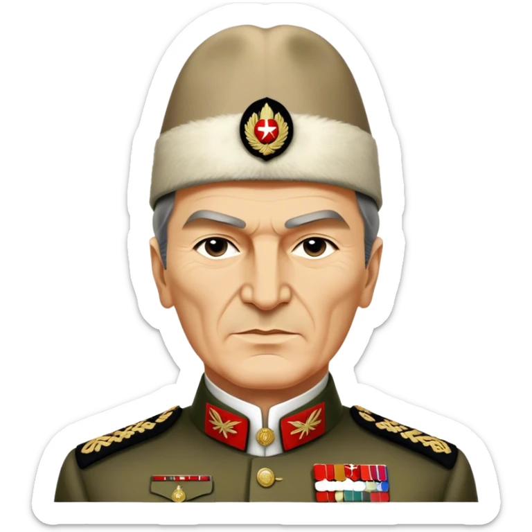 Mustafa Kemal Atatürk (statesman) in traditional hat – Cinematic Realistic Portrait of Mustafa Kemal Atatürk, depicted in dignified traditional attire with a distinctive hat, a resolute and visionary expression illuminated by warm, historic lighting, rendered with rich textures that evoke his transformative leadership. sticker