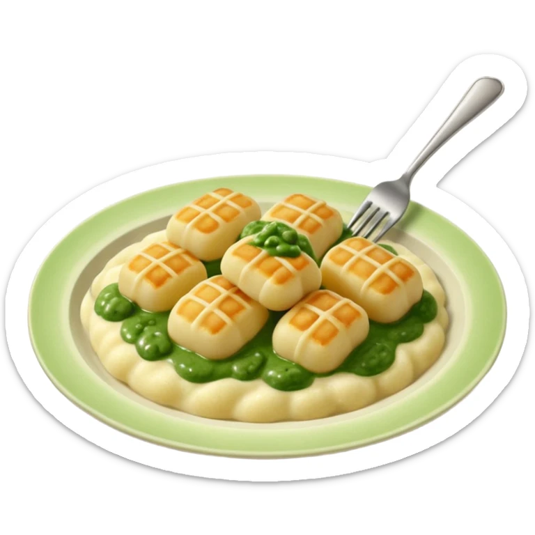 Gnocchi Cinematic Realistic Gnocchi Dish Emoji, depicted as tender oblong potato gnocchi garnished with iconic fork marks on top, rendered with soft textures and warm, inviting lighting. add green  sauce on top sticker