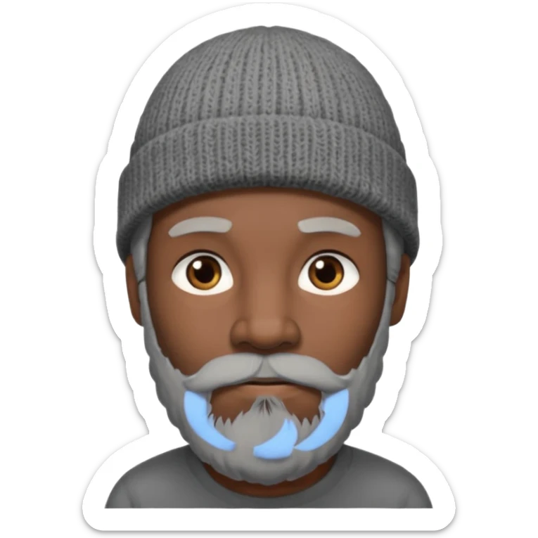 A dark-skinned man with a gray beanie, brown eyes, and a dark gray beard, wearing a calm expression. sticker