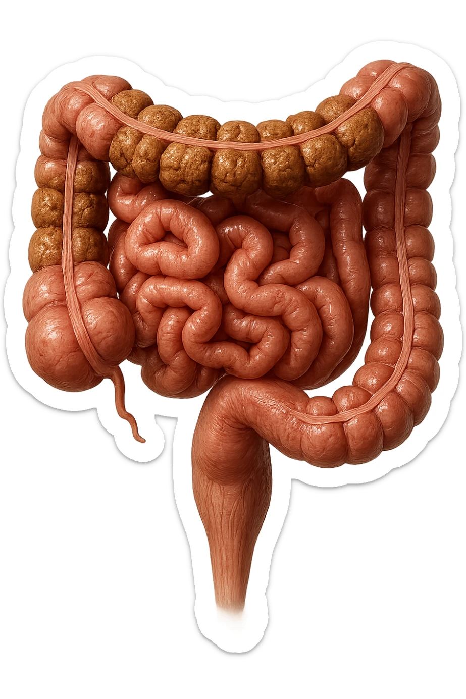 intestino umano anatomico con colon pieno di feci spezzettate, iperrealistica 4k sticker
