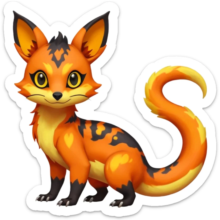 Rare tropical warm-colored exotic cute epic aesthetic colorful Salandit-Eevee-Civet-species-Fakemon-hybrid-creature, with wild fiery markings, full body sticker